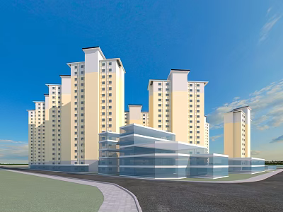 Multiple High Rise Residential Buildings With Beige Exterior White Top And Glass Curtain Wall Front 3d model