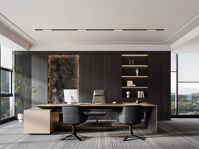 Modern Office Interior Design With Wooden Desk Ergonomic Chairs Bookshelves Plants And Large Windows 3d model