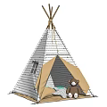 Striped Kids Teepee Tent With Beige Door Teddy Bear And Cushion Interior