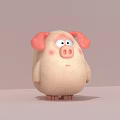 Cute Pink Cartoon Pig With Fluffy Body And Pink Ears On Light Gray Background