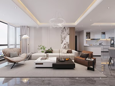 Elegant Modern Open Plan Living And Dining Room With Comfortable Sofas And Spacious Bright Interior 3d model