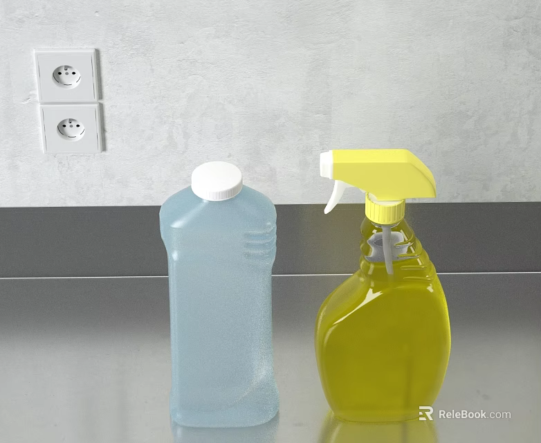 Ceramic Cleaning Product Containers in Blue and Yellow on Gray Wall Background with Power Socket 3d model 