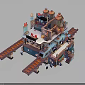 Multi Level Industrial Building with Towers Platforms Tracks and Colorful Details