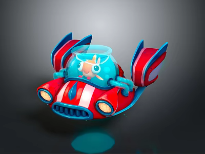 Red And Blue Commercial Device With Transparent Cockpit Cartoon Character Wing Structures And Illuminated Lights 3d model