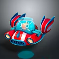 Red And Blue Commercial Device With Transparent Cockpit Cartoon Character Wing Structures And Illuminated Lights