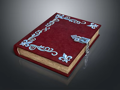 Vintage Red Cover Book With Blue Floral Patterns And Silver Lock And Key 3d model