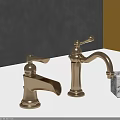Two Golden Elegant Faucets With Classic Design On Dark Background And Transparent Crystal