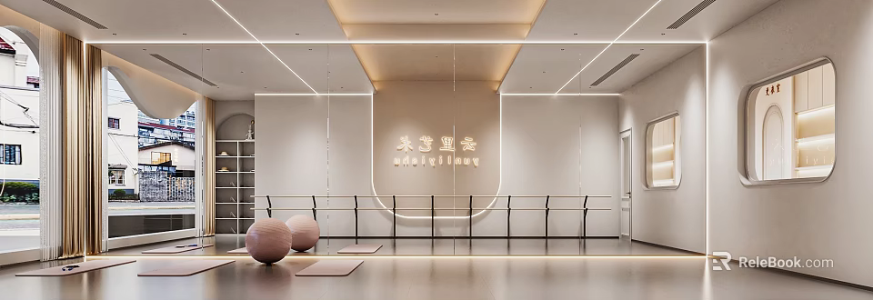 Modern Fitness Studio Interior With Yoga Mats And Exercise Balls 3d model 