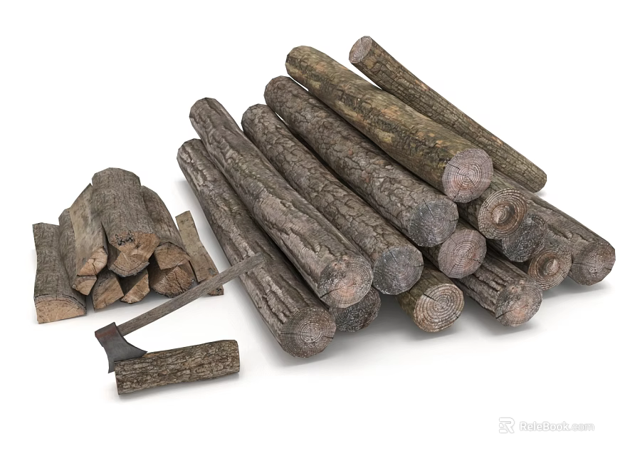 Natural Wood Logs Pile With Split Firewood And Axe For Fireplace Use 3d model 
