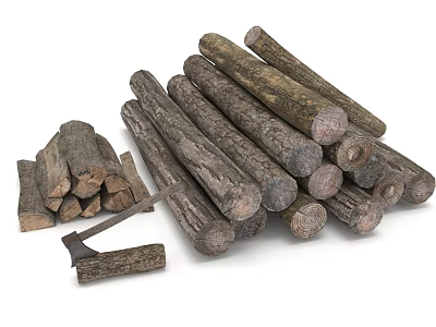Natural Wood Logs Pile With Split Firewood And Axe For Fireplace Use 3d model