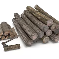 Natural Wood Logs Pile With Split Firewood And Axe For Fireplace Use
