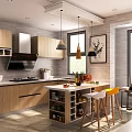 Modern Kitchen Interior Design With Wooden Cabinets Island Pendant Lights And Bar Stools