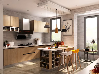 Modern Kitchen Interior Design With Wooden Cabinets Island Pendant Lights And Bar Stools 3d model
