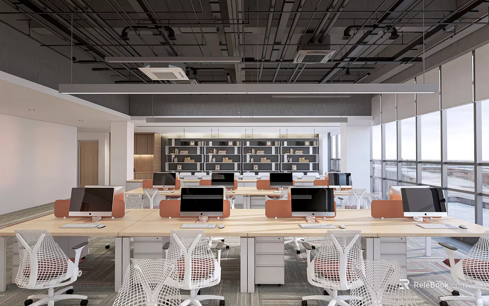 Bright Modern Public Office Space Interior With White Chairs Wooden Desks Large Windows And Bookshelves 3d model 
