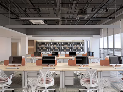 Bright Modern Public Office Space Interior With White Chairs Wooden Desks Large Windows And Bookshelves 3d model