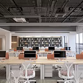 Bright Modern Public Office Space Interior With White Chairs Wooden Desks Large Windows And Bookshelves