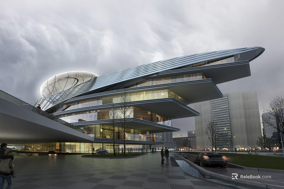 Modern Office Building With Streamlined Roof Glass Curtain Walls And Pedestrians 3d model 