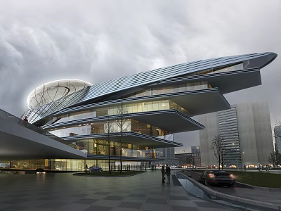 Modern Office Building With Streamlined Roof Glass Curtain Walls And Pedestrians 3d model