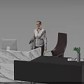 Modern Office Furniture With Marble Countertop Desk Dark Chair Green Plant And Magazine
