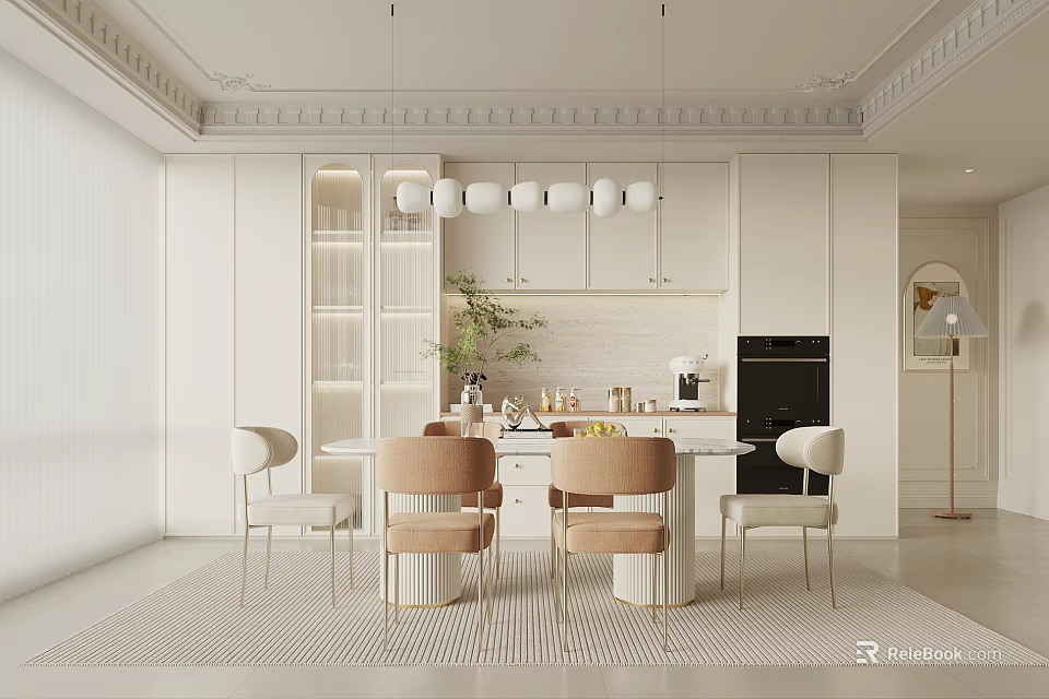 Modern White Restaurant Interior With Pendant Lights Dining Table And Beige Chairs 3d model 