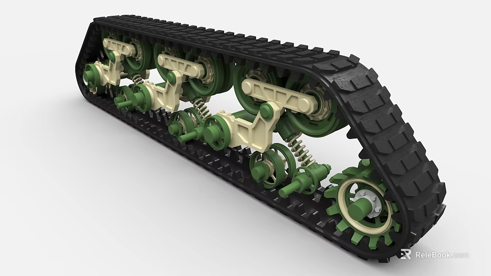 Industrial Equipment Crawler Track Chassis with Green Mechanical Components White Support Structure Gears and Springs 3d model 