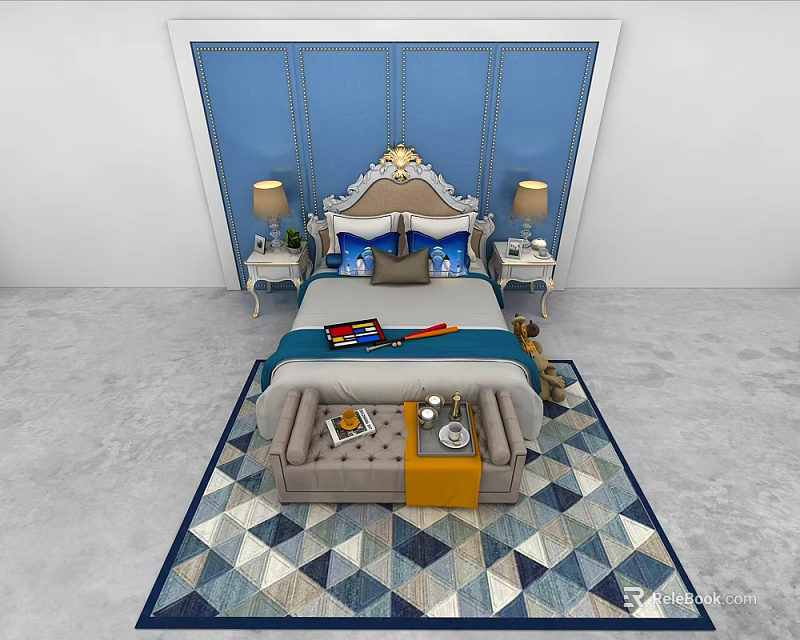 Double Bed With Ornate White Headboard Blue Paneled Wall Nightstands Lamps Gray Bench Geometric Rug 3d model 