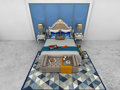 Double Bed With Ornate White Headboard Blue Paneled Wall Nightstands Lamps Gray Bench Geometric Rug 3d model