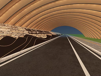 Arched Wooden Tunnel With Road Lane Lines And Stone Wall Decoration Grassland Blue Sky 3d model