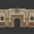 Historic Stone Archway Architecture With Ornate Top Sculpture And Symmetrical Side Panels