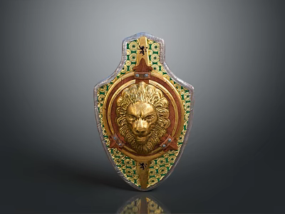 Medieval Shield with Golden Lion Head Centerpiece Green and Red Decorative Patterns Ornate Metallic Design 3d model