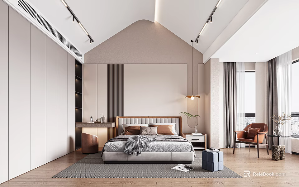 Modern Bedroom Interior With Platform Bed Wardrobe Accent Chair And Track Lighting 3d model 
