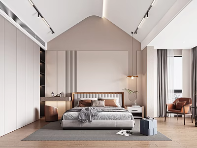 Modern Bedroom Interior With Platform Bed Wardrobe Accent Chair And Track Lighting 3d model