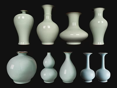Celadon Ceramic Vases Collection With Diverse Shapes And Elegant Design 3d model