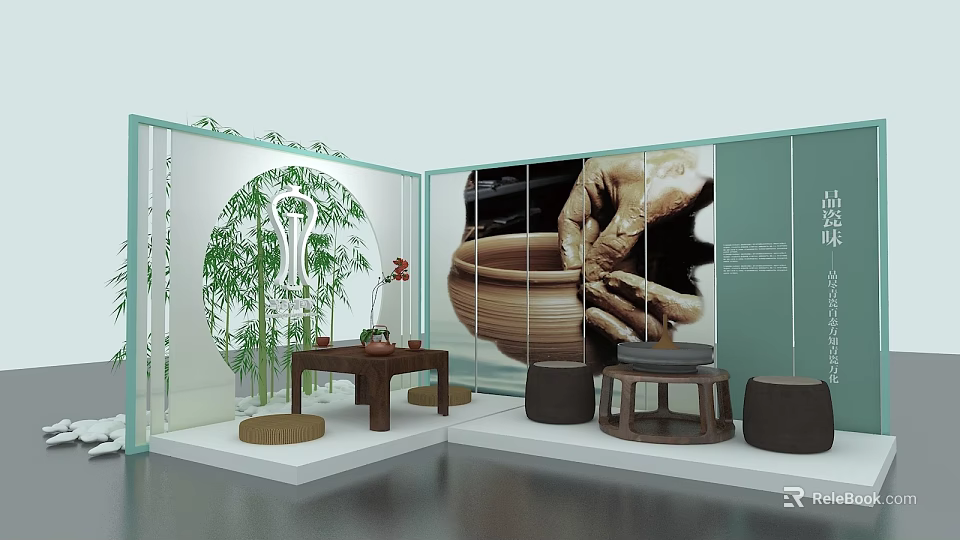 Interactive Area For Pottery Experience With Bamboo Display Table Stools And Wall 3d model