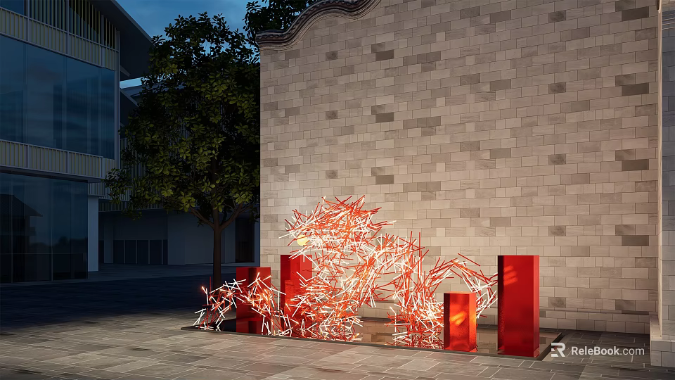 Outdoor Abstract Red Sculpture Carving Against Brick Wall With Trees And Modern Building 3d model 
