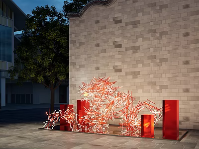Outdoor Abstract Red Sculpture Carving Against Brick Wall With Trees And Modern Building 3d model