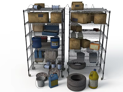 Metal Rolling Shelving Units With Multiple Layers For Storage Boxes Buckets And Tires 3d model