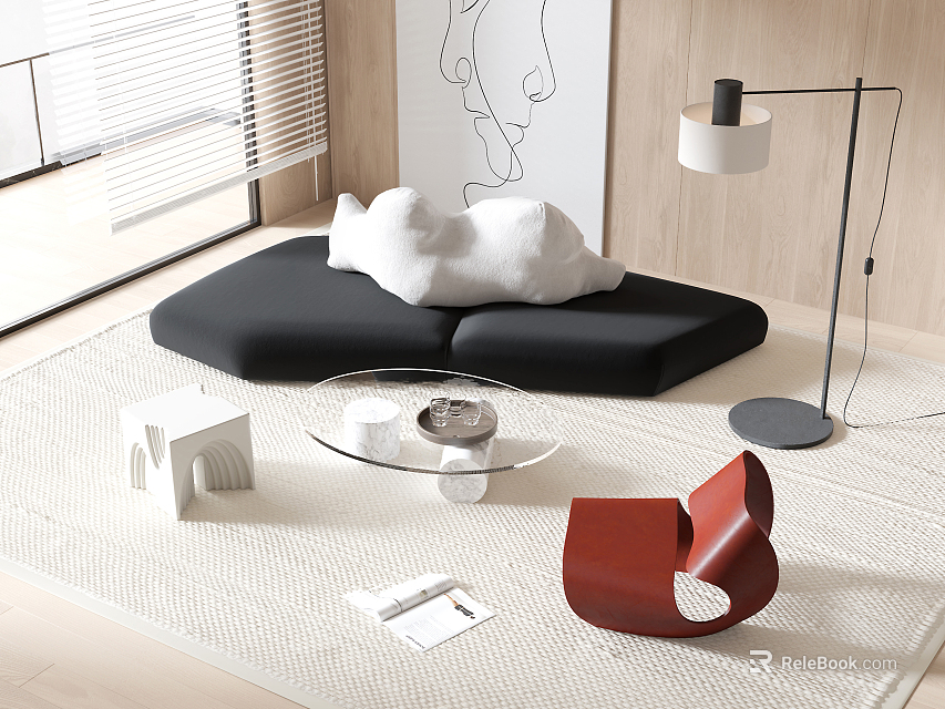 Modern Black Sofa With White Cushions And Glass Coffee Table Set In Living Room 3d model 