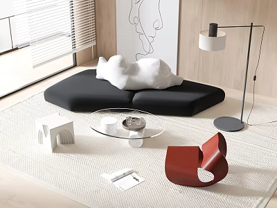 Modern Black Sofa With White Cushions And Glass Coffee Table Set In Living Room 3d model