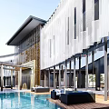 Modern Building Entrance With Wooden Canopy Stone Floor Water Pool And Glass Facade