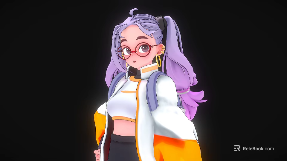 Game And Movie Character With Purple Pigtails Hair Round Glasses White Orange Jacket And Backpack 3d model 