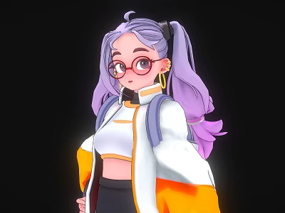 Game And Movie Character With Purple Pigtails Hair Round Glasses White Orange Jacket And Backpack 3d model