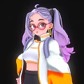Game And Movie Character With Purple Pigtails Hair Round Glasses White Orange Jacket And Backpack