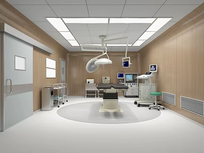 Modern Operating Room Interior With Surgical Lights Operating Table Medical Equipment And Wooden Walls 3d model