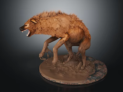 Fierce Roaring Hyena Sculpture With Realistic Details Standing On Detailed Base 3d model