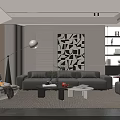Modern Sofa and Coffee Table Set with Neutral Tones Geometric Wall Art and Area Rug