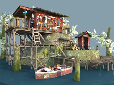 Cartoon Scenic Waterfront Red Wooden House with Balcony Wooden Scaffolding Cat Boat and Small Hut 3d model