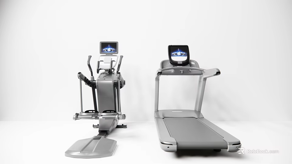 Modern Sports Equipment Elliptical Trainer And Treadmill With Digital Screens On White Background 3d model 