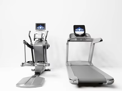 Modern Sports Equipment Elliptical Trainer And Treadmill With Digital Screens On White Background 3d model