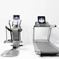 Modern Sports Equipment Elliptical Trainer And Treadmill With Digital Screens On White Background
